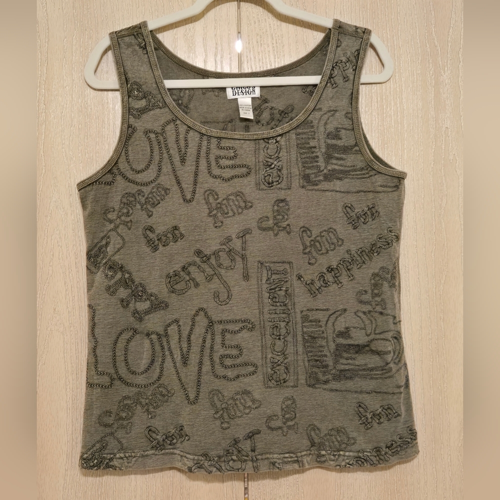 Chico's Design Vintage Embroidered Tank Top Boho Olive Green Size 3